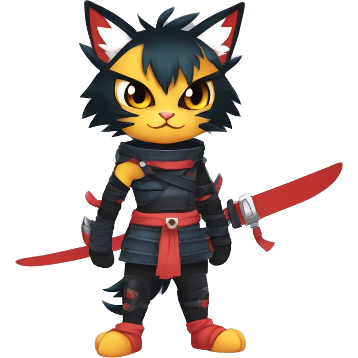 Edgy Shiny Anthro Samurai cool pretty dark Litten-Pokémon-cat-fursona-animal techwear Bandages gloves socks emoji