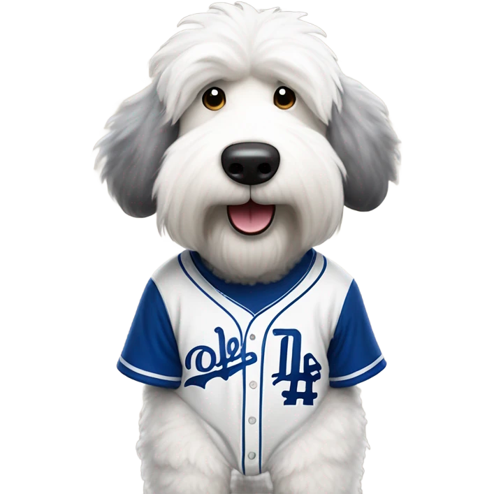 Old English Sheepdog full height wearing a Los Angeles dodgers baseball jersey emoji