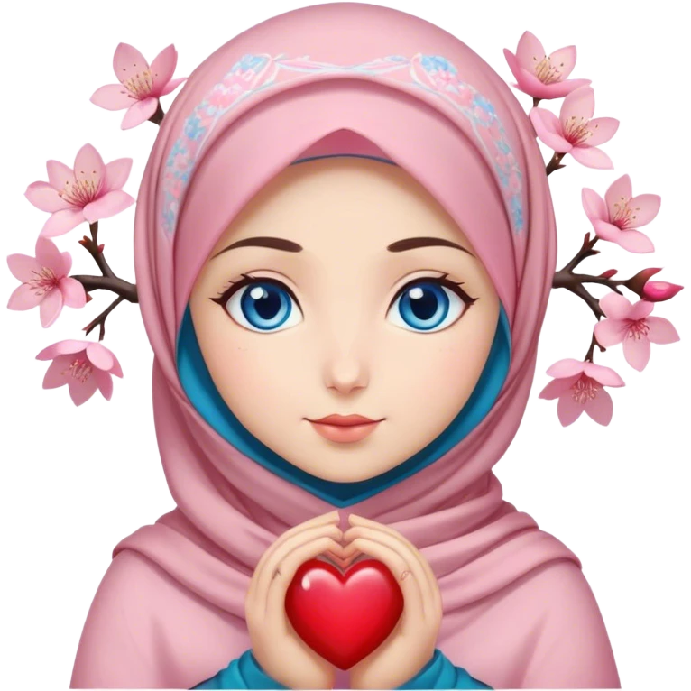 Turkish beautiful finish Konya girl blue eyes with cherry blossom flower design hijab and hold heart in her hand  emoji