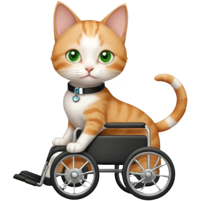 full body small short hair ginger and white cat with green eyes walking in a wheelchair for cats emoji