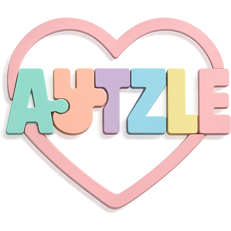 Logo for 'AUTZLE': each letter is a puzzle piece in a bright pastel color mint, peach, lavender, light blue, soft yellow, pink, all enclosed in a smooth, modern heart shape with soft curves. The heart subtly frames the word, symbolizing love and support for the autism community. Clean, modern, and playful style with soft lighting, gentle 3D shadows, and a transparent or white background. emoji