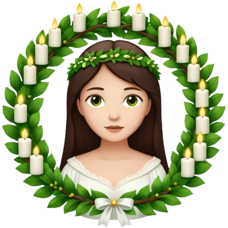  saint lucia with dark brown hair with a white gown and a wreath made from greenery with candles on top of the wreath emoji