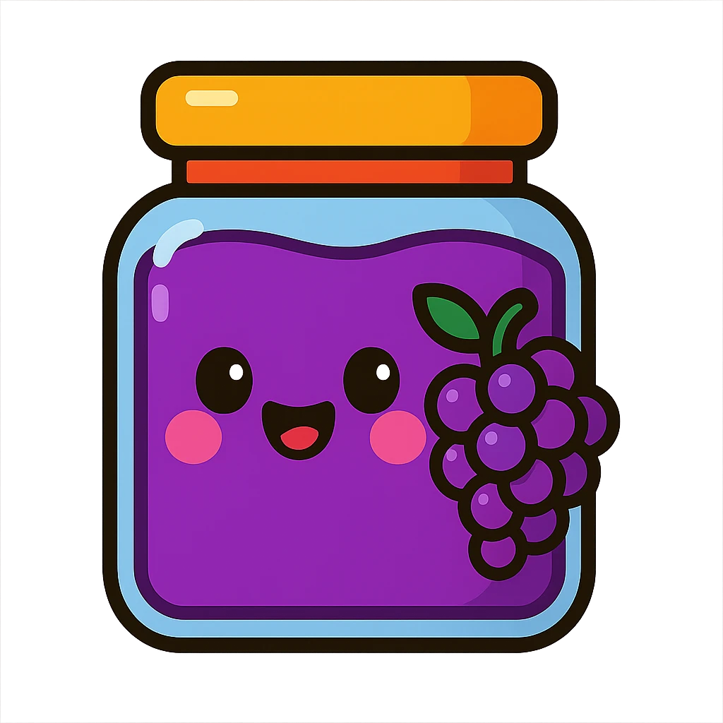cartoon style grape jelly, bright purple, cute face on the jar emoji