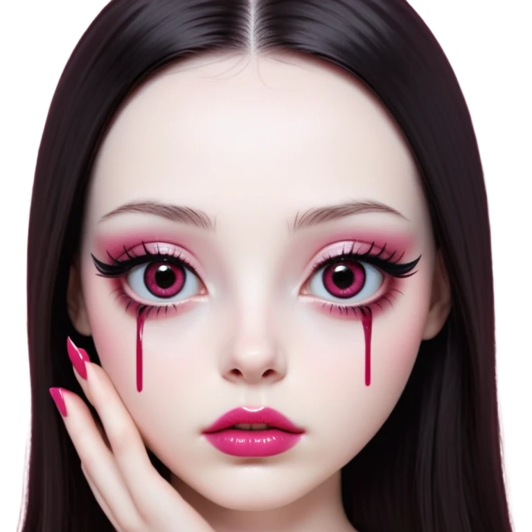 girl with white skin, dark brown long realistic straight hair with middle part prominently falling in front of her body over her shoulders, lips with reddish-pink shiny lip gloss and absolutely no cupid's bow, big round eyes with very black shiny eyeballs and natural long eyelashes, absolutely no eye makeup, no eyeshadow, no eyeliner, completely bare eyes, light pink blush on cheeks, lighter button nose, exceptionally elongated very long oval-shaped face, wearing a pink off-shoulder top, looking directly at camera with hands down at sides emoji