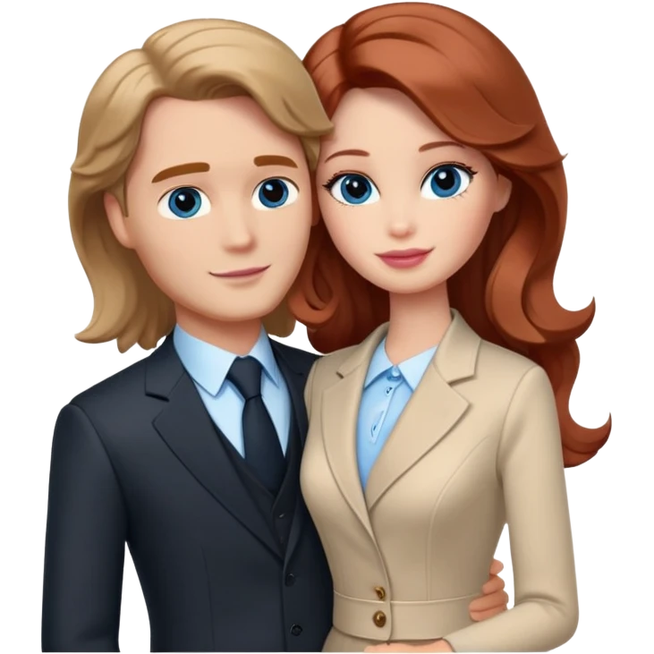 Barbie girl  , eyes blue , Chestnut red long wavy hair In pale beige clothes, Hugs a man with pale brown hair short haircut, brown eyes , and a black suit emoji