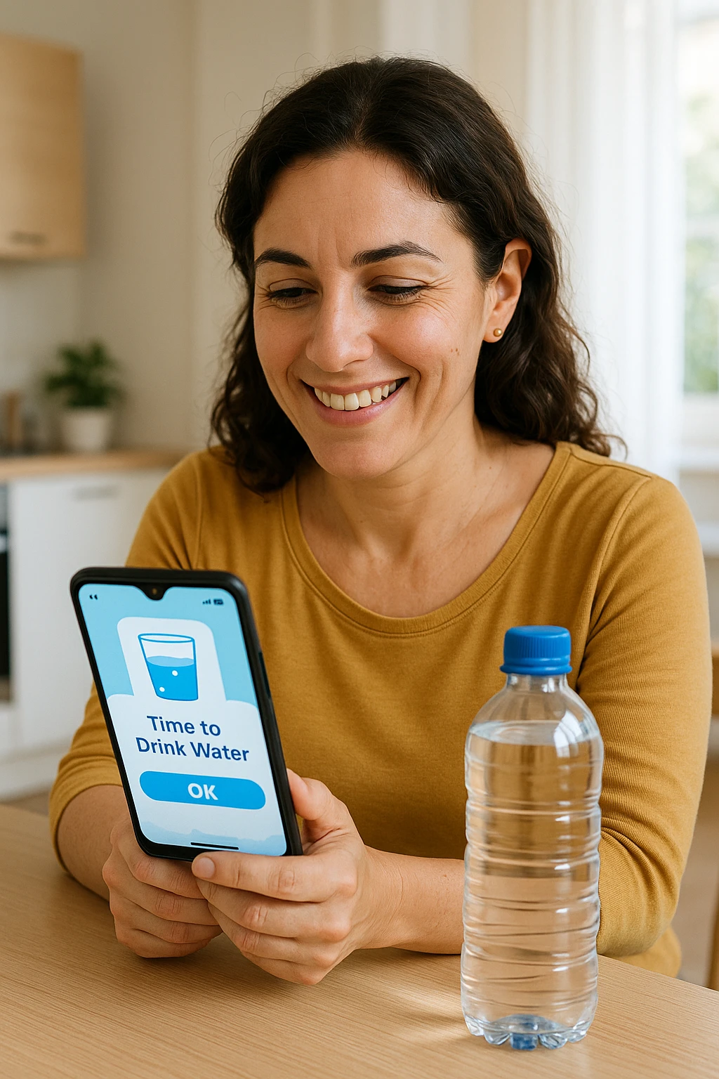 Donna che usa App per ricordarsi di bere, altrimenti non beve mai in italiano emoji