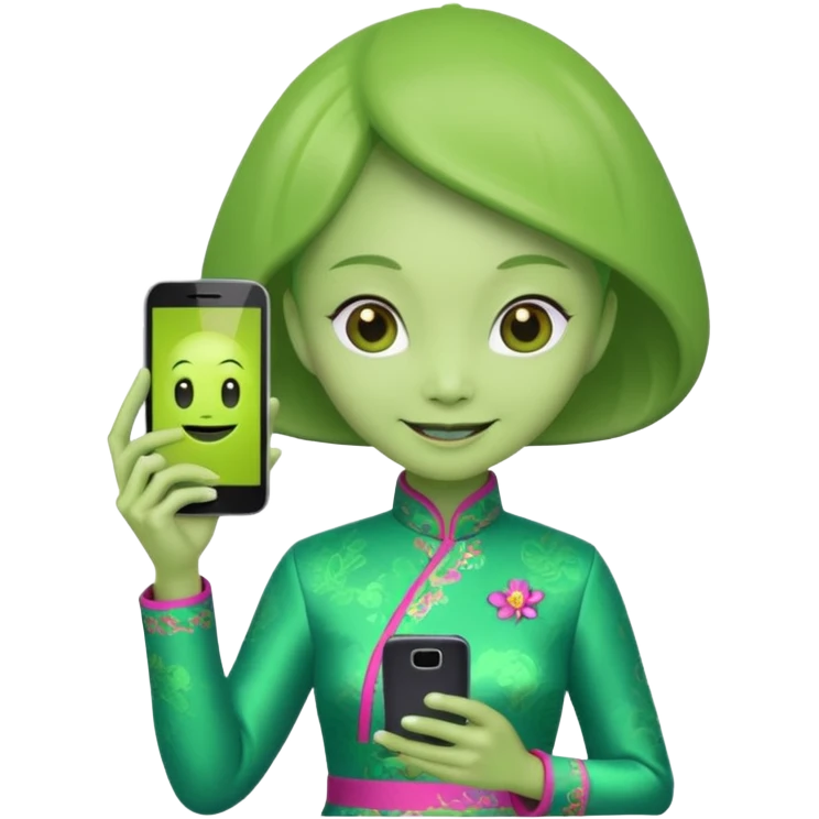 alien with chinese custome dress and smartphone emoji