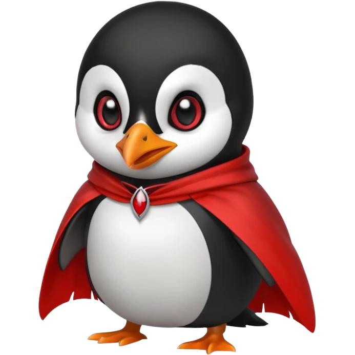 Vampire animal, penguin  in red collar cloak, red eye, fangs emoji