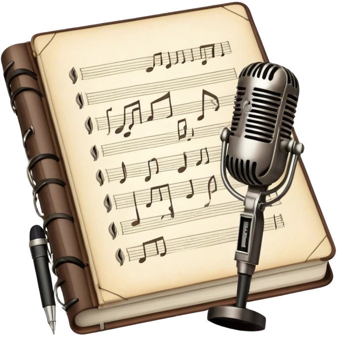 Create an emoji representing songwriting. The design should feature an open notebook or sheet music with visible lyrics between the musical notes, symbolizing the process of writing song lyrics. The text between the notes should be clearly visible. A pen or pencil should be placed near the notebook, indicating active writing. Optionally, include a single vintage microphone lying beside the notebook (not on the music notes) to add a creative touch. Use a harmonious color palette with warm and neutral tones. Do not include any emojis or smiley faces. Make the background transparent. emoji