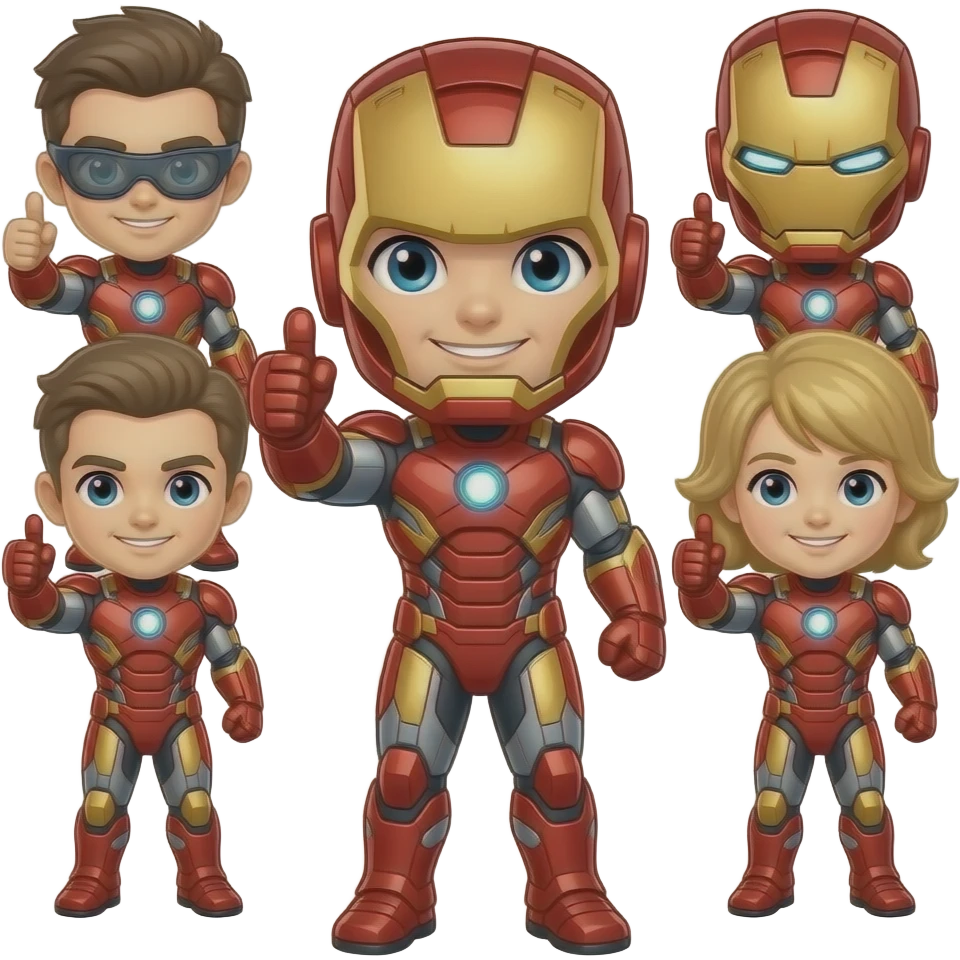 Cute chibi Avengers sticker, glossy anime style, bold black outline, vibrant red and gold armor, glowing arc reactor on chest, Avengers giving thumbs up, kawaii style, die-cut sticker look, white or transparent background, high detail, 3D anime  lighting emoji