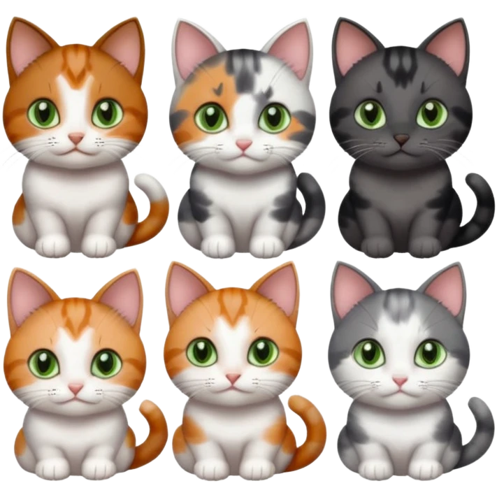6 different coloured small cats including a dark grey and white, and a patchy calico, and a brown tabby and white,  and a completely solid dark grey with green eyes and only white paws emoji