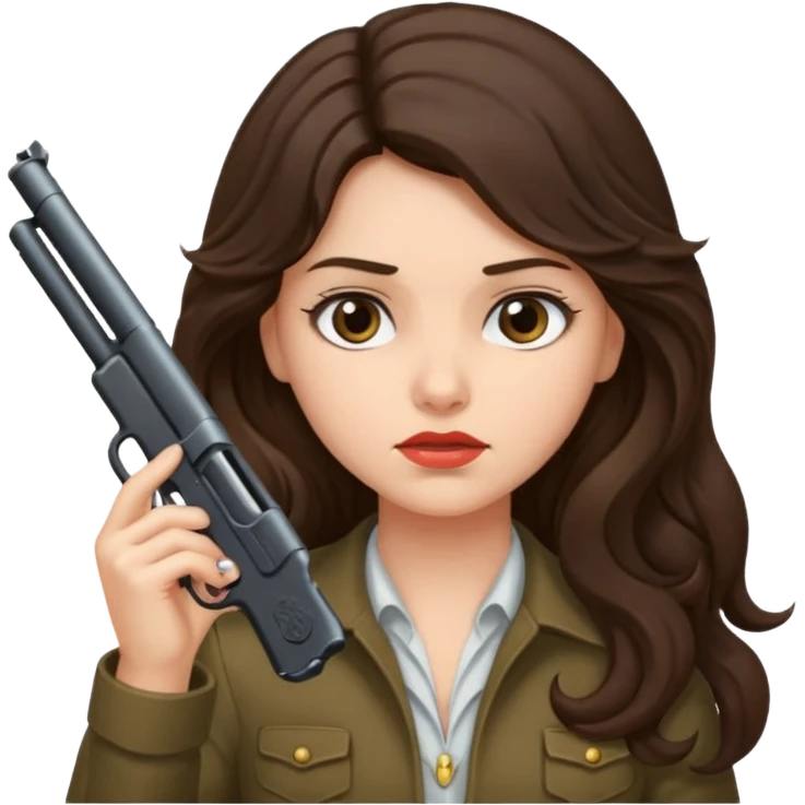 A brunette with long wavy hair girl who is about to kill herself with a littlr gun pointed at her temple emoji