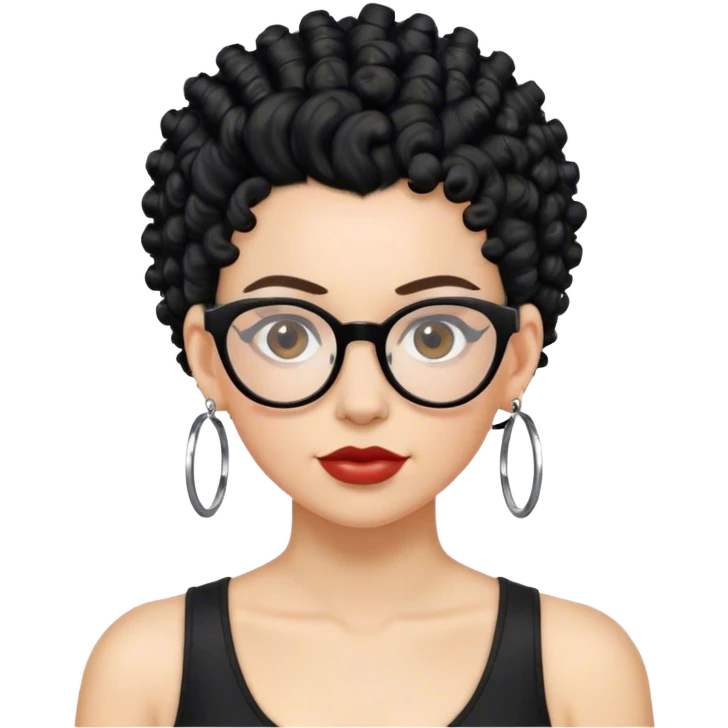 mulher branca de óculos, cabelo moicano preto enrolado, argolas de brinco emoji