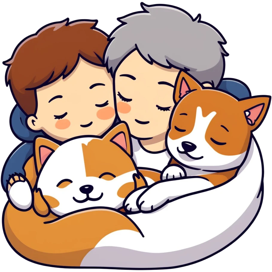 Create a short hair gray hair girl and a brown hair boy sleeping cuddling with a shiba and a Yorkshire terrier and a jack Russel terrier  emoji