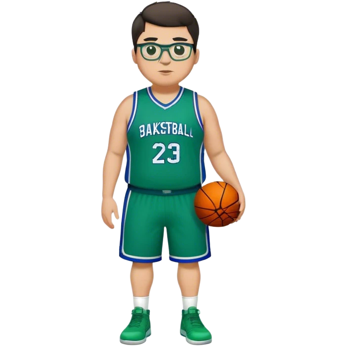 Full Body plus size white male with dark short hair basketball player wearing glasses wearing blue green uniform emoji