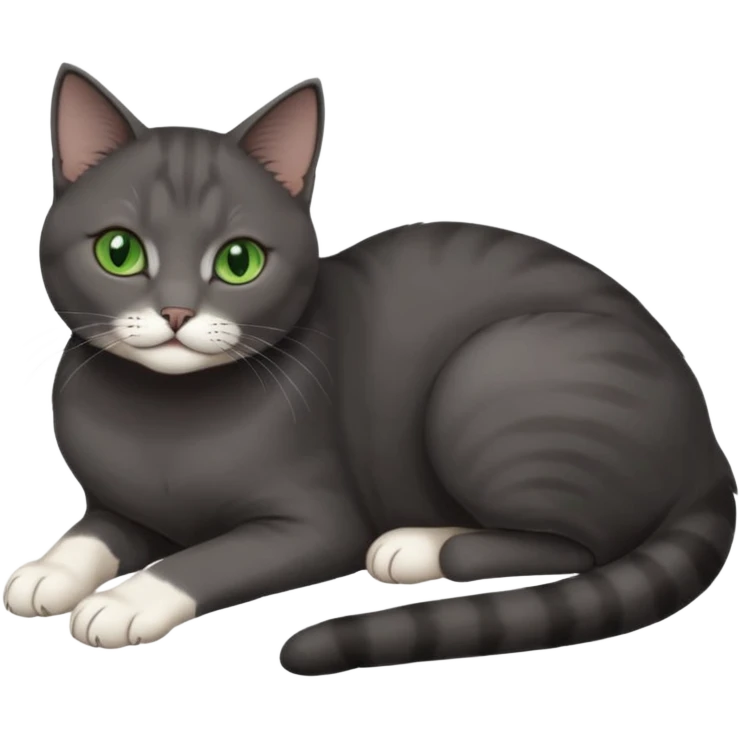 beautiful female solid dark grey cat with green eyes, white toes/paws and white patch on her chest lying down emoji