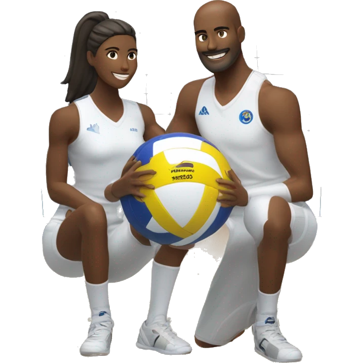 two Passionate volleyball player, one male and other female posing with a mikasa v200w ball emoji