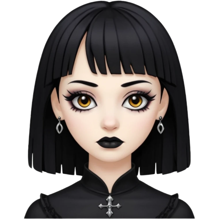 Faça uma moça de cabelo preto e micro franja pálida e com maquiagem gótica pesada olhos castanhos escuro  emoji