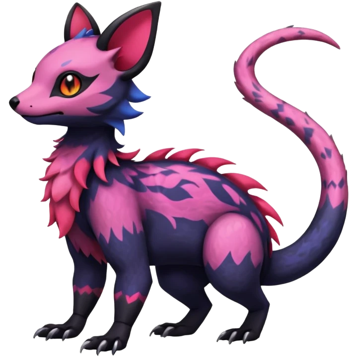 Rare epic aesthetic colorful Salandit-Noibat-Eevee-Civet-species-Fakemon-hybrid-creature, with markings, full body emoji