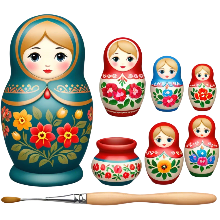 Russian nesting dolls (matryoshka) painting icon, several dolls of different sizes being hand-painted with traditional floral patterns, paintbrushes, small pots of paint, and carving tools nearby, visible process of decoration, minimalistic style, clean lines, transparent background. emoji