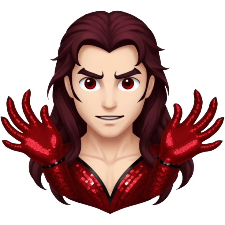 Samael, Venom of God from Gods and Goddesses with long dark brown hair, dark red sequin outfit emoji