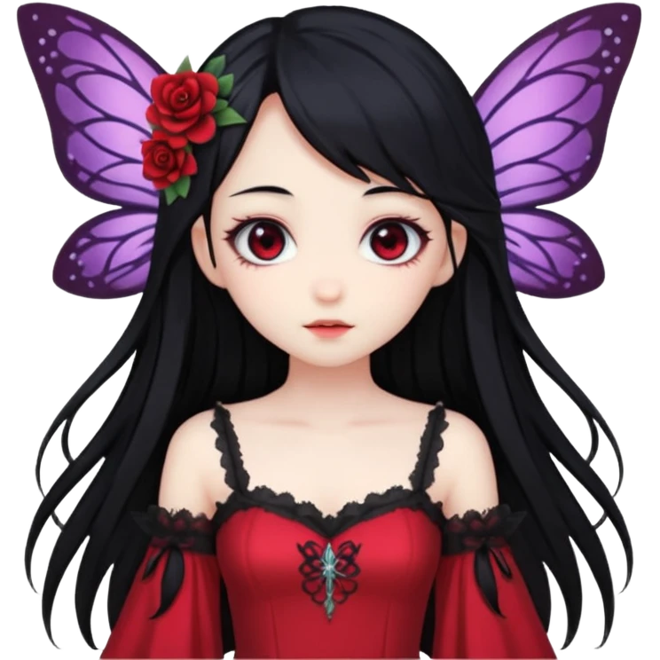 Gothic anime fairy with long beautiful black hair and red dress, pastelcore, emoji