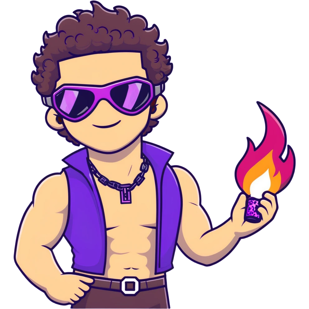 close-up of cool guy male athlete with white skin and moderately curly dark brown hair on top with shaved sides, with one purple ski goggle lens pushed up above his eyes on his forehead, with an arrogant smug smirk on his face, wearing only a plain black chain necklace around his neck, and a completely unzipped sleeveless vest with purple and black sequin fire pattern design with no logo, clearly showing he is shirtless underneath with exposed chest and abs emoji