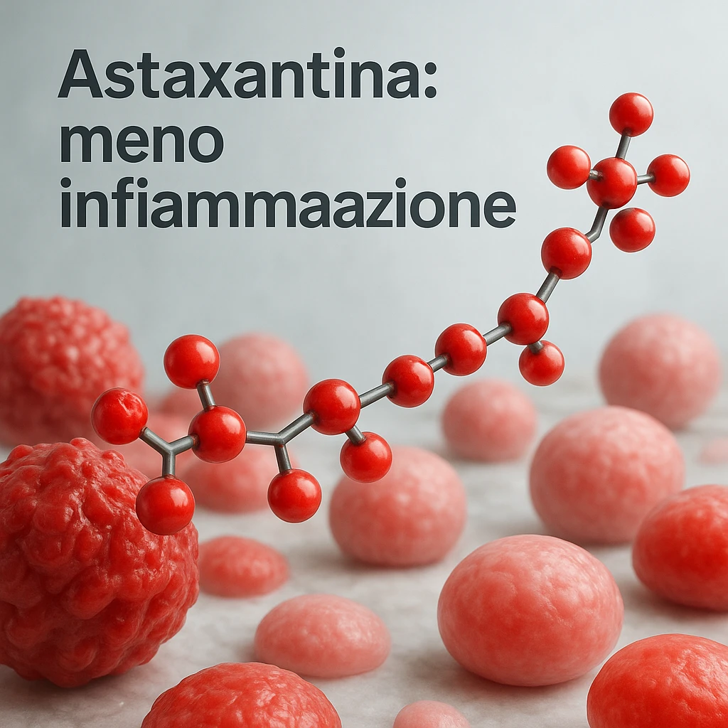 hyper realistic red astaxanthin molecule reducing inflammation, calming red cells, clinical atmosphere, realistic details, text 'Astaxantina: meno infiammazione' emoji