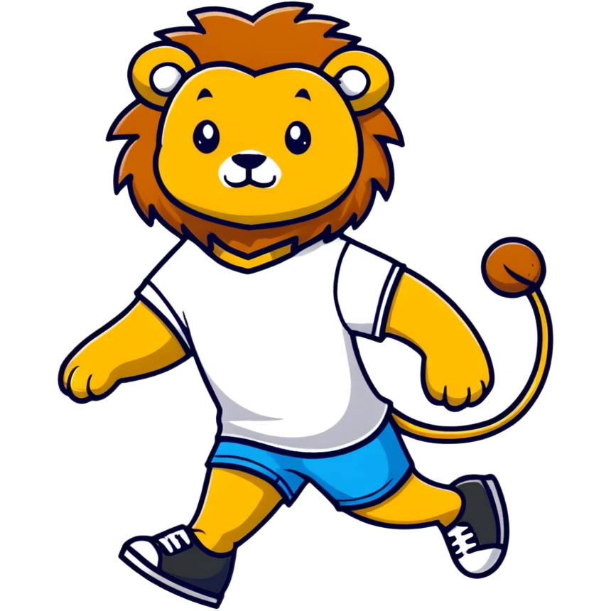 retro 1950s anthropomorphised lion in a t-shirt and shorts, walking emoji