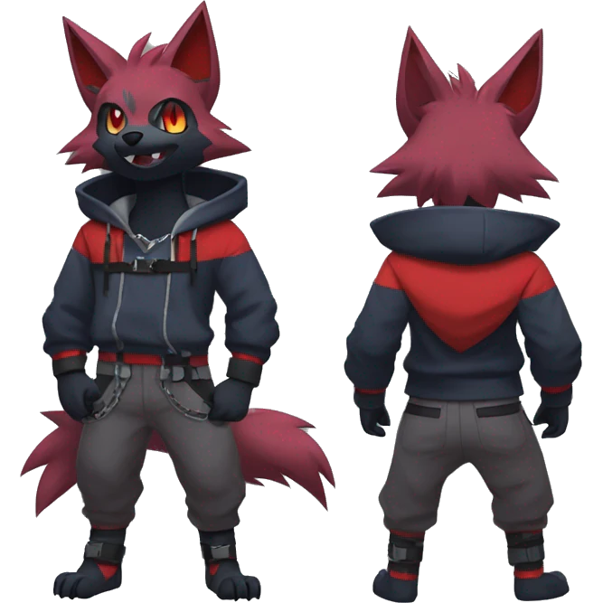 Cool Edgy Zorua-Zoroark-Mightyena with a collar and hoodie-sweater and harness on, full body emoji