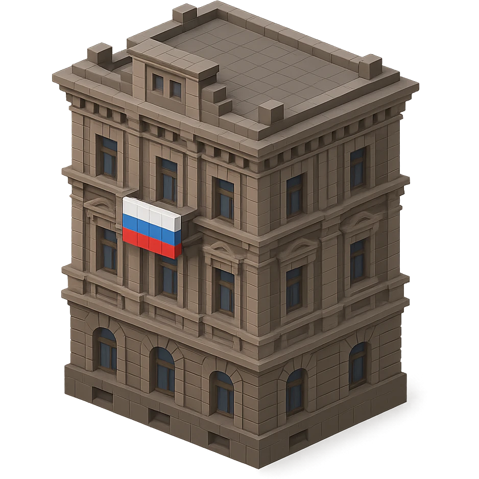 old Saint Petersburg building in voxel style, gray-brown tones, ornate facade, Russian flag draped over a balcony, isometric view emoji