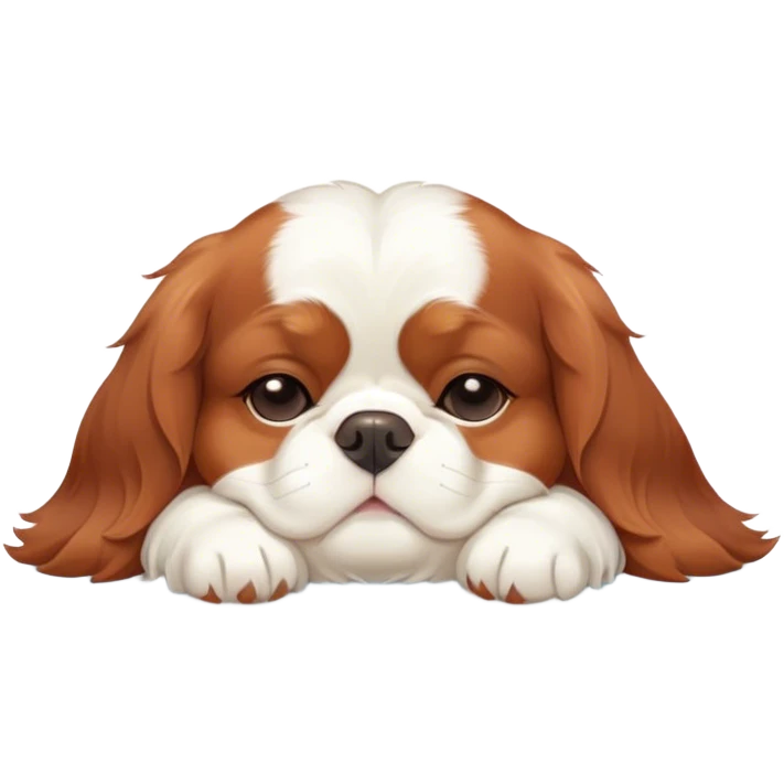 Cinematic Chubby Sleeping Cavalier King Charles Spaniel Portrait Emoji, Chubby and serene, with a round, endearing build and a plush, silky coat of rich chestnut and white, eyes gently closed in peaceful slumber, Simplified yet irresistibly endearing features, highly detailed, glowing with a gentle, dreamy glow, high shine, relaxed and content, stylized with a touch of whimsy, bright and heartwarming, soft glowing outline, capturing the essence of a blissfully sleepy companion, so comically serene it feels like it could roll out of the screen and snore with adorable charm! emoji