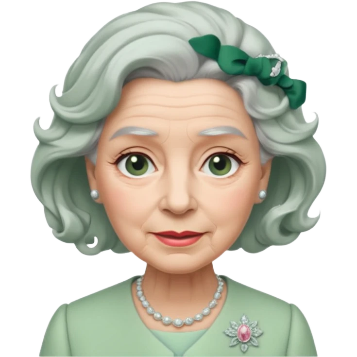 Queen Elizabeth with grey hair and waves in pastel green clothes emoji