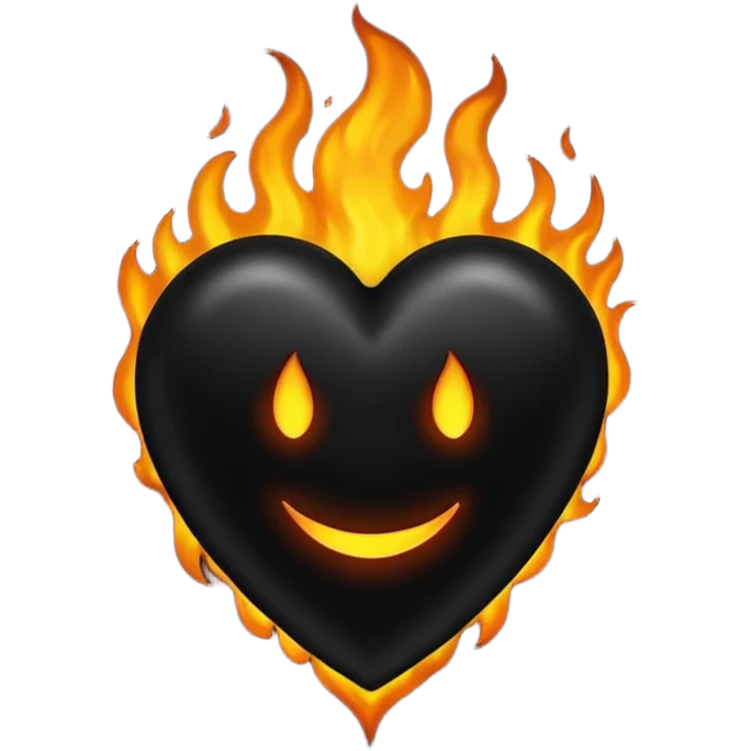 A dark black heart with glowing black flames rising smoothly, giving a mysterious and powerful feel. Transparent background, simple emoji style with a dramatic touch. emoji