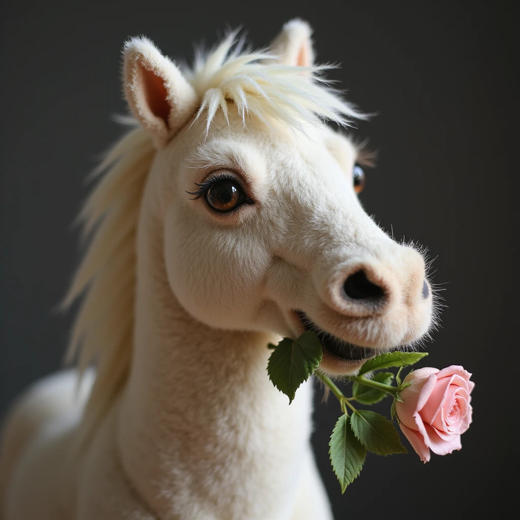 realistic horse with a rose in its mouth, soft colors emoji