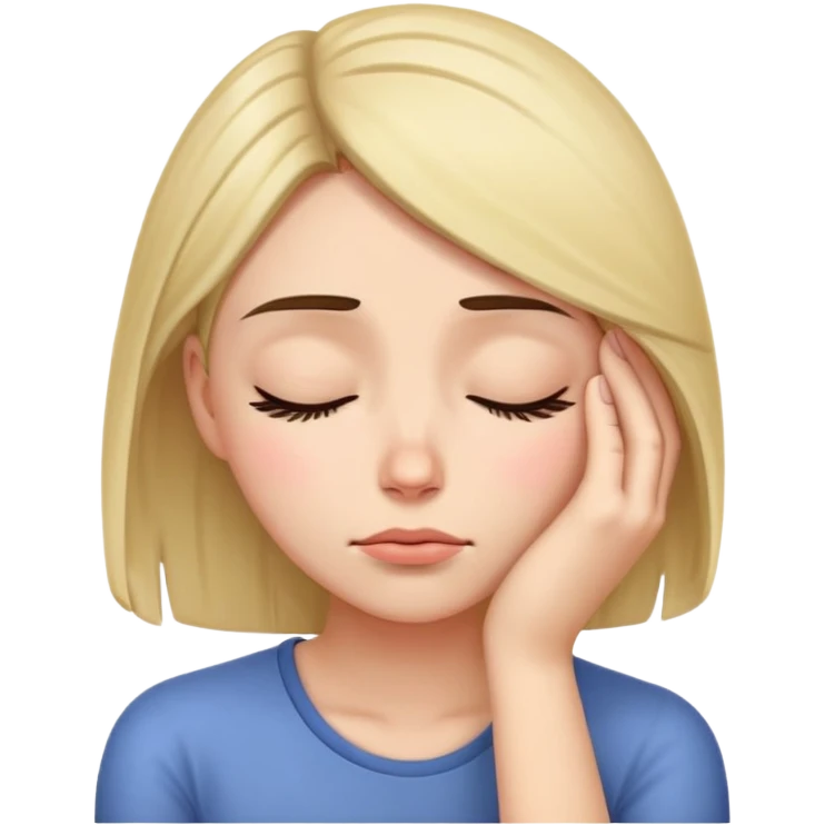 Exhausted woman with head resting on palm, looking sleepy emoji