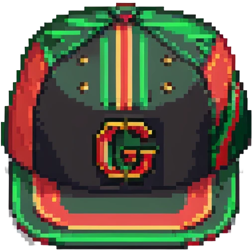 pixel art Gucci cap with green and red stripes and gold accent emoji