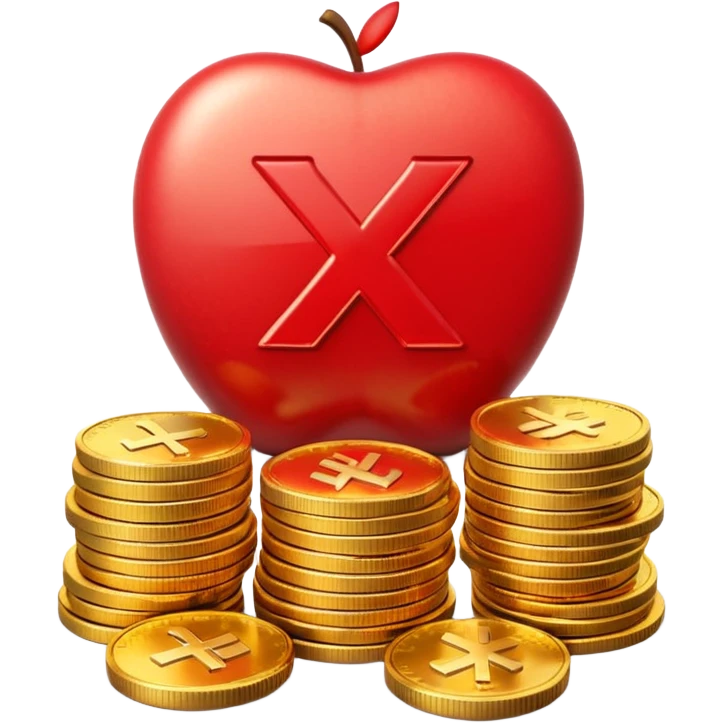 Apple emoji style, glossy 3D icon a red prohibition symbol (🚫) over a stack of shiny golden coins. The coins have soft reflections, rounded edges, and a small red X embossed on the top coin emoji