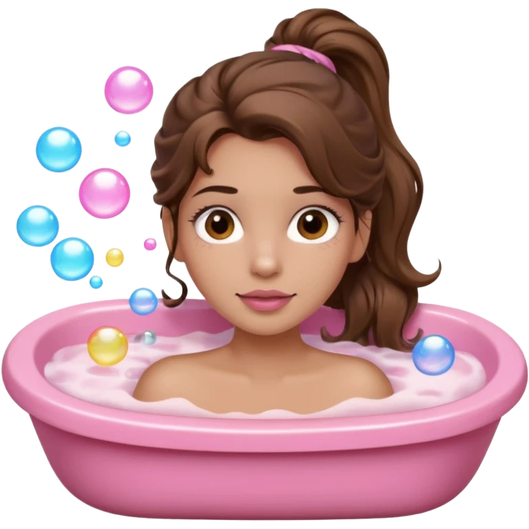 girl with wavy long ponytail brown hair, brown eyes, light to medium complexion, long lashes, light pink lipstick, wearing light pink shirt, laying in a bathtub with bubbles emoji