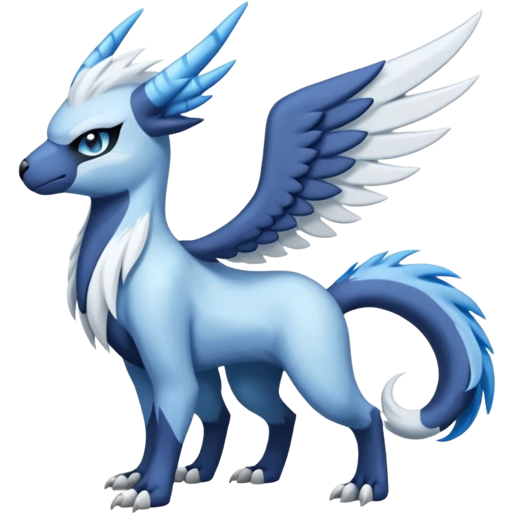Icy Arctic Frost-Blue Pale-Shimmering Snow-Dusted Majestic Absol-Nargacuga-Meloetta-Latias-fusion-creature (full body) emoji