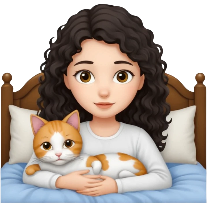 angelic black wavey hair girl in the bed with her cat emoji