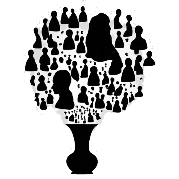 A sleek, symmetrical vase in the center of the image, created by the negative space between two black silhouettes of human profiles facing each other on either side.  emoji