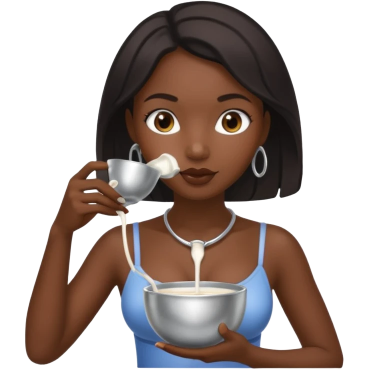 Dark Women drinking  from sliver milk bowl with only leash on emoji