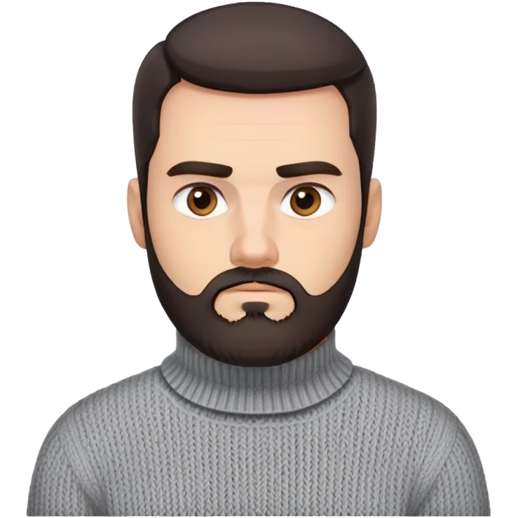 Man with square face, trimmed full beard, thick eyebrows, short dark hair combed back. Serious-neutral expression. Light gray thick knit sweater with folded collar. emoji