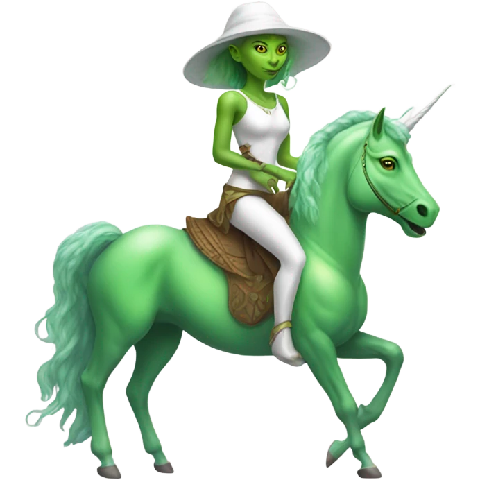 a green amazon alien woman on a white unicorn no woke emoji