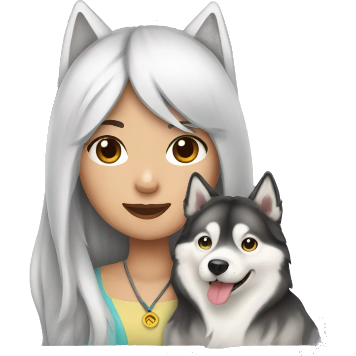 Long hair Asian Girl with husky dog emoji