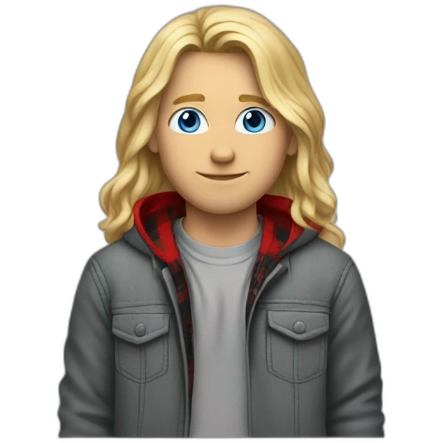 long haired blond guy, blue eyes, wearing a grey hoodie zip up with a red and black flannel under the jacket emoji