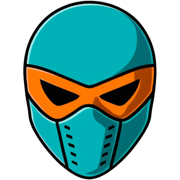 teal and orange ski mask with menacing face emoji