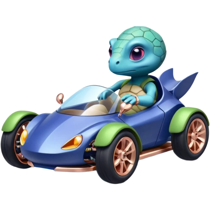dark crystal blueberry and rosegold-accented cyber faceted-body electric racing car driven by a small cute alien relaxed turtle with rear spoiler, roll bar, and wheely bar emoji