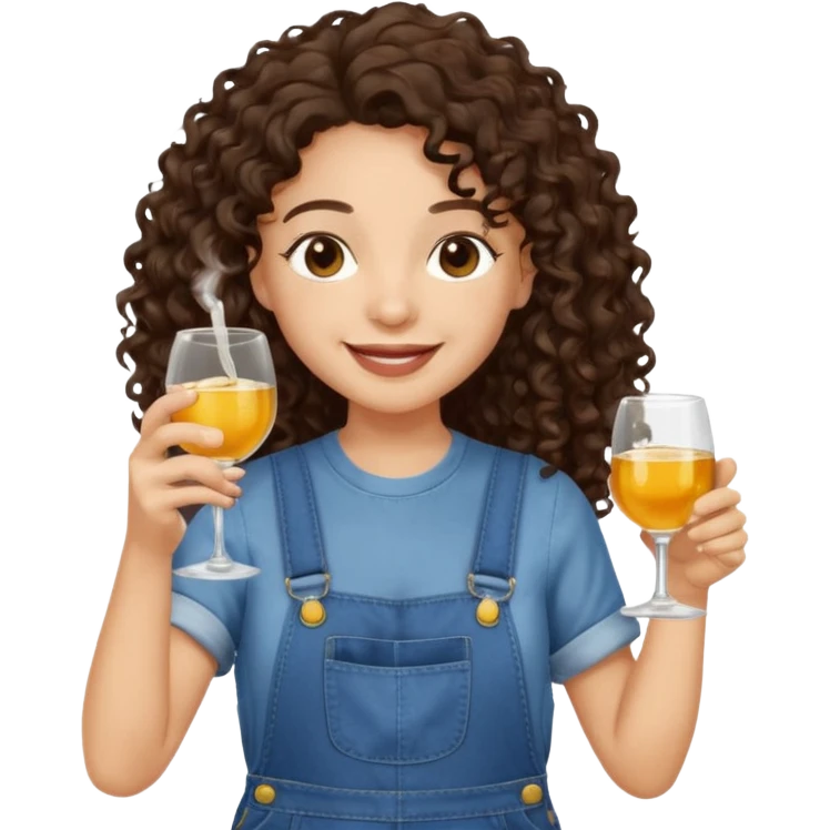 Curly haired curl with long dark brown hair and light skin in overalls toasting with alcohol  emoji